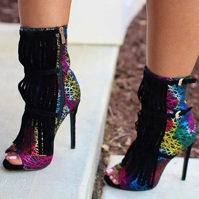 fringe open toe booties