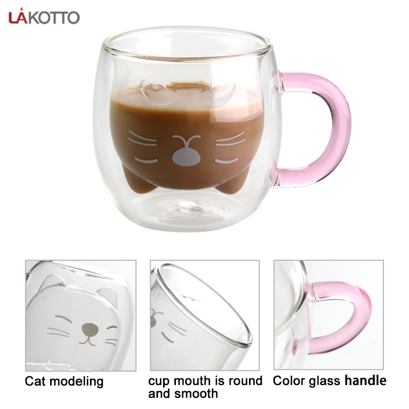 Custom cute cat panda bear shape double wall glass juice cup coffee cups