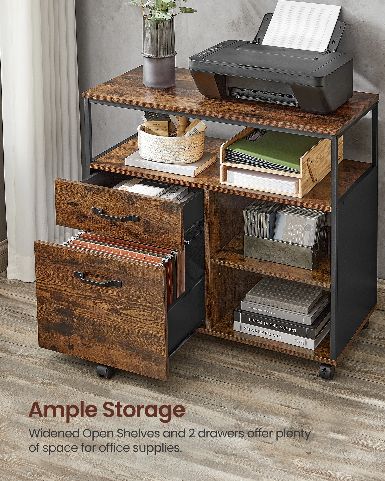 VASAGLE Mobile Filing Cabinet Wood Office Rolling Drawer Cabinet With 4 tier storage shelf
