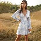 Pink High Waist Sexy Long Sleeve Ruffle Deep V Neck Dresses Women Elegant Pink Summer Dress