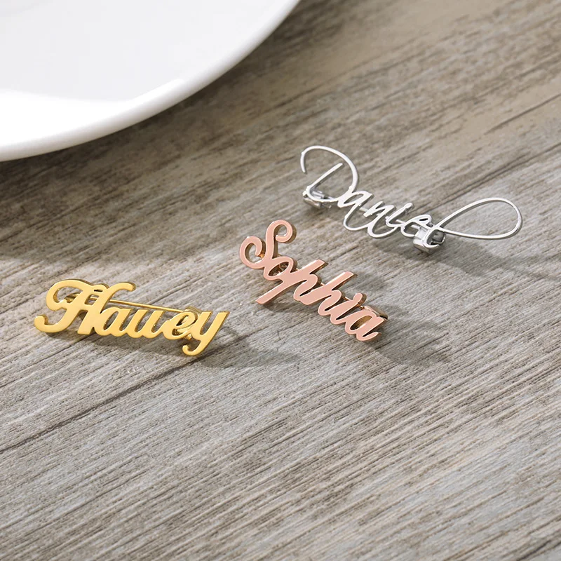 Tarnish free stainless steel gold plated customized name brooch custom brooch logo pin