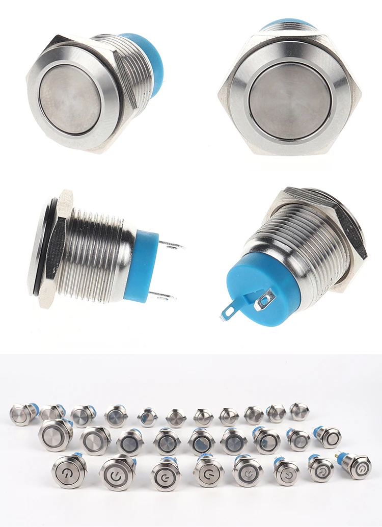High Quality Flat Head Stainless Steel 16mm Momentary Push Button Switch 12v With 2 pins