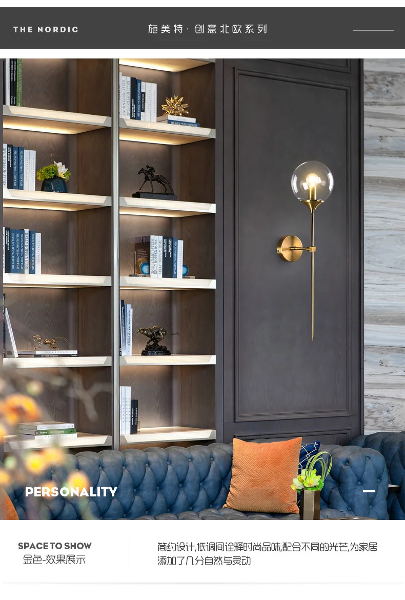 Antique Design Home Decoration Brass Base Amber Globe Glass Shade Indoor Wall Light for Bedroom