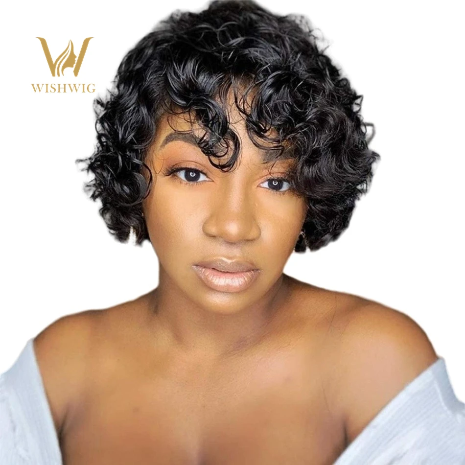 Indian Glueless Unprocessed Virgin Machine Made Short Curly Pixie Cut Wigs  With Bangs Real Human Hair For Black Women - Buy Indian Glueless  Unprocessed Virgin Machine Made Short Curly Pixie Cut Wigs
