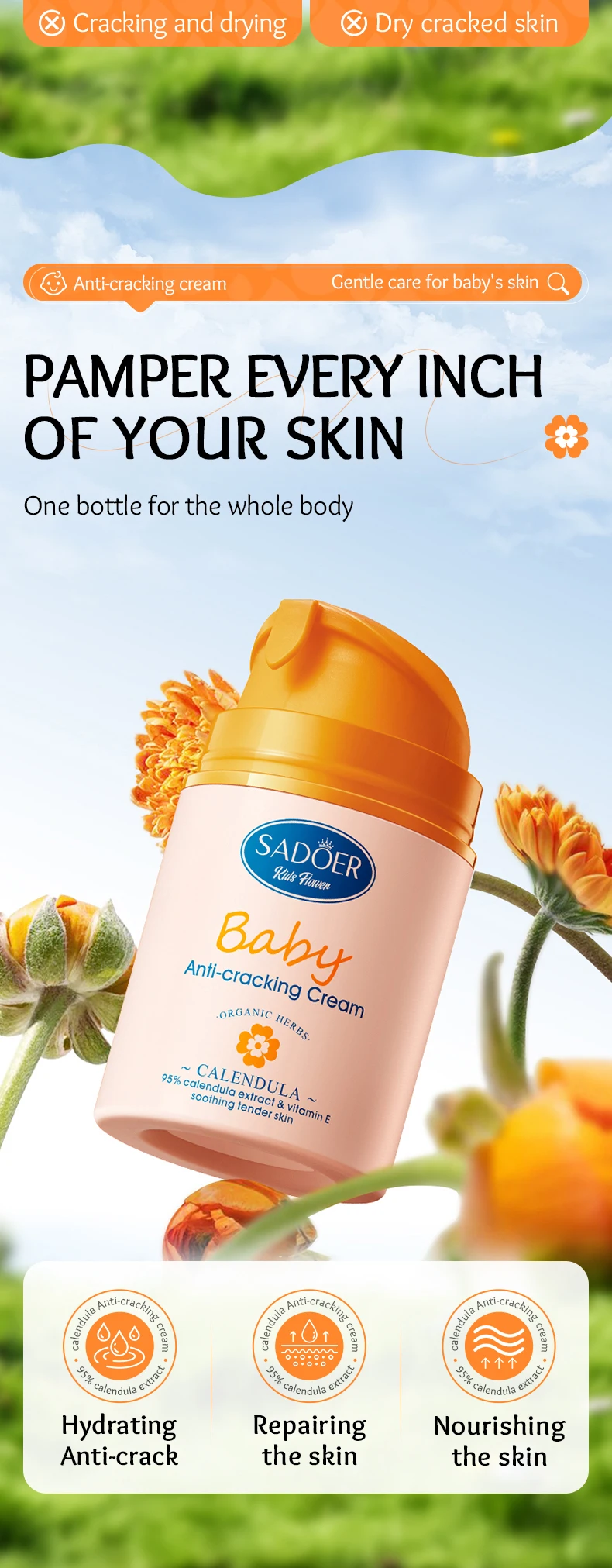 product organic skincare sadoer childrens calendula vitamin e gentle soothing anti chafing repairing moisturizing cream for children-4