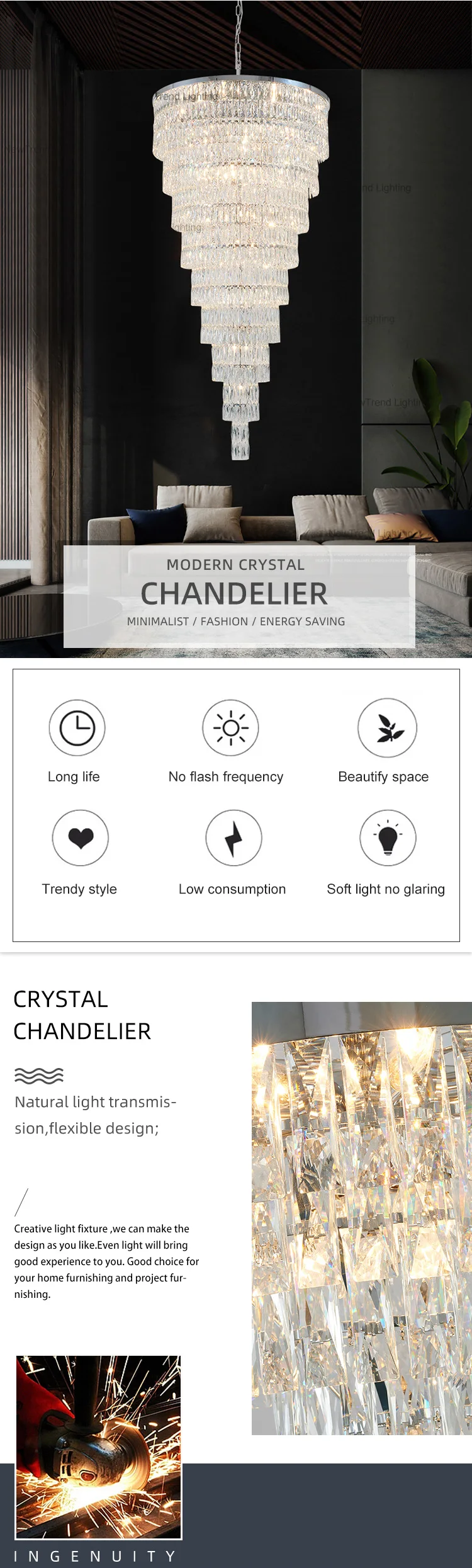 CPL-194 Modern Design Indoor Decoration Hotel Villa Staircase Wedding Crystal Luxury LED Chandelier manufacture