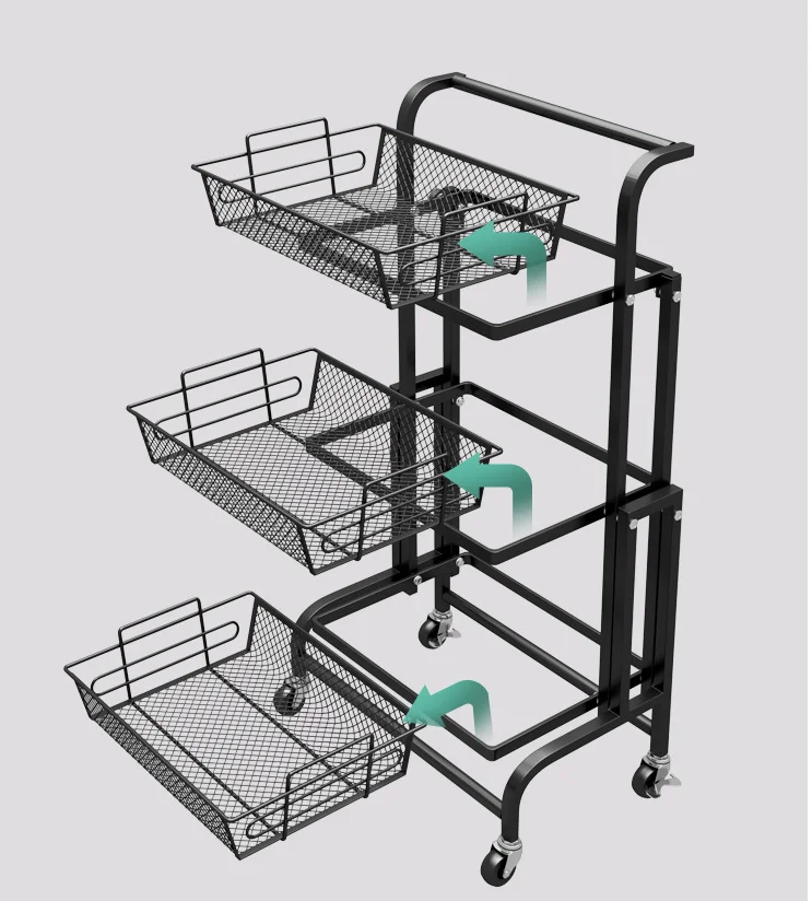 Folding Metal Utility 3-tier Kitchen Rolling Storage Rack Household Trolley Cart With Wine Basket