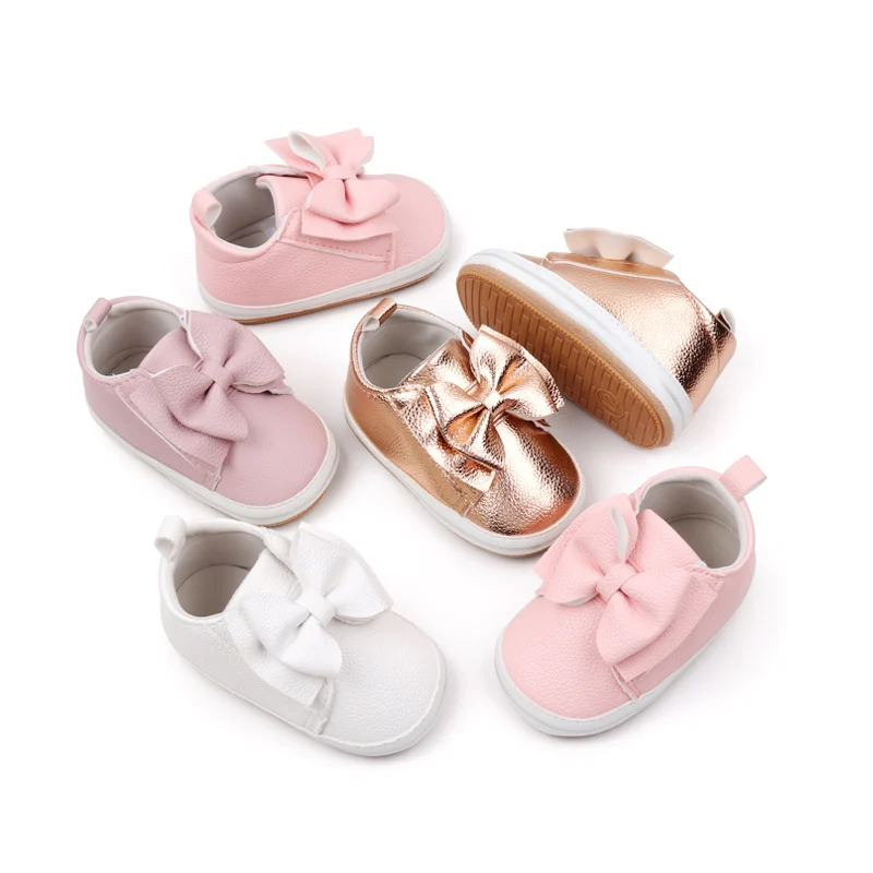 2024 Baby Girl Toddler Soft PU Material Shoes with Large Bow Hook Loop Design Flat and Non-Slip Rubber Bottom Solid Color details