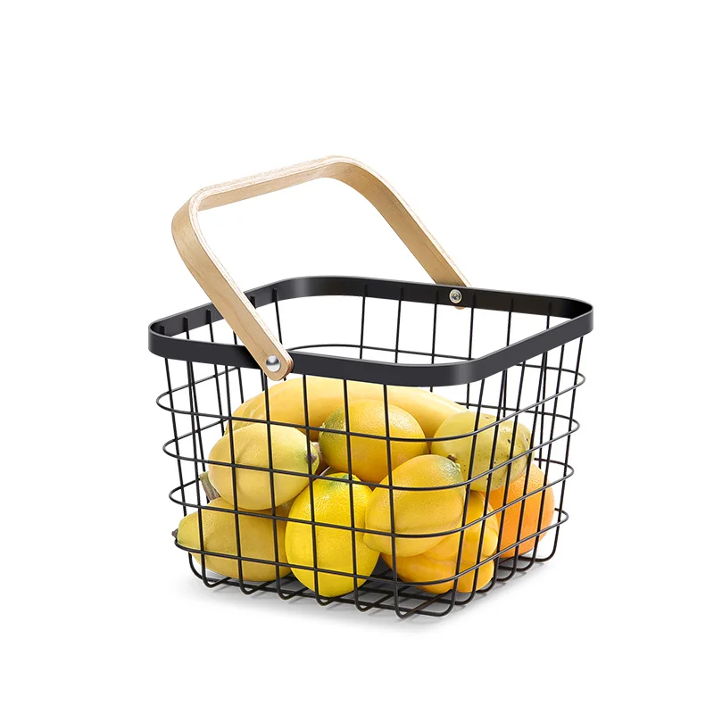 Creative Kitchen Storage Metal Wire Fruit Basket with Wooden Handle