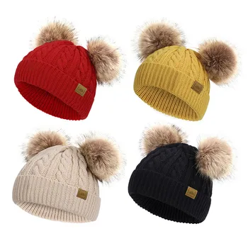 Wholesale Custom Childrens Kids Toddler Double Pom Poms 100% Cotton Knit Cute Baby Winter Beanie Hat with 2 Pompom