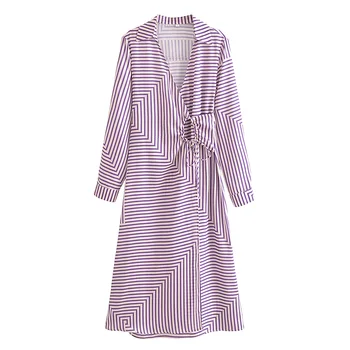 Purple and white color side lace up long sleeve turn down collar women casual dress