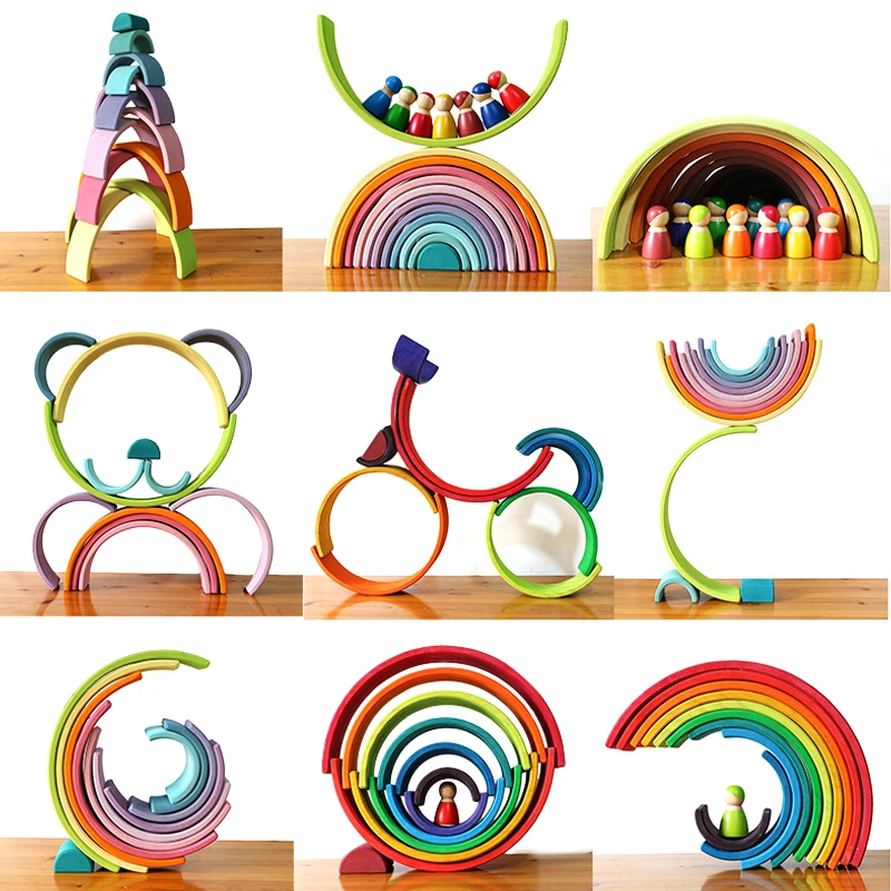 Colorful Wooden Rainbow Stacking Block, Montessori Wooden Toy Rainbow Stacker