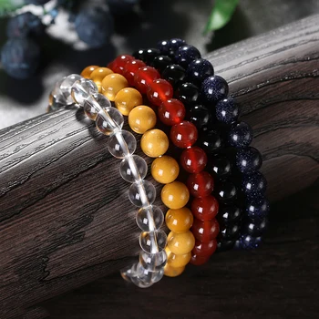 RINNTIN GMB50 Natural Clear Quartz Black Agate Red Agate Yellow Mookaite Blue Sandstone Stone Beads 7.5 Inch Stretch Bracelet