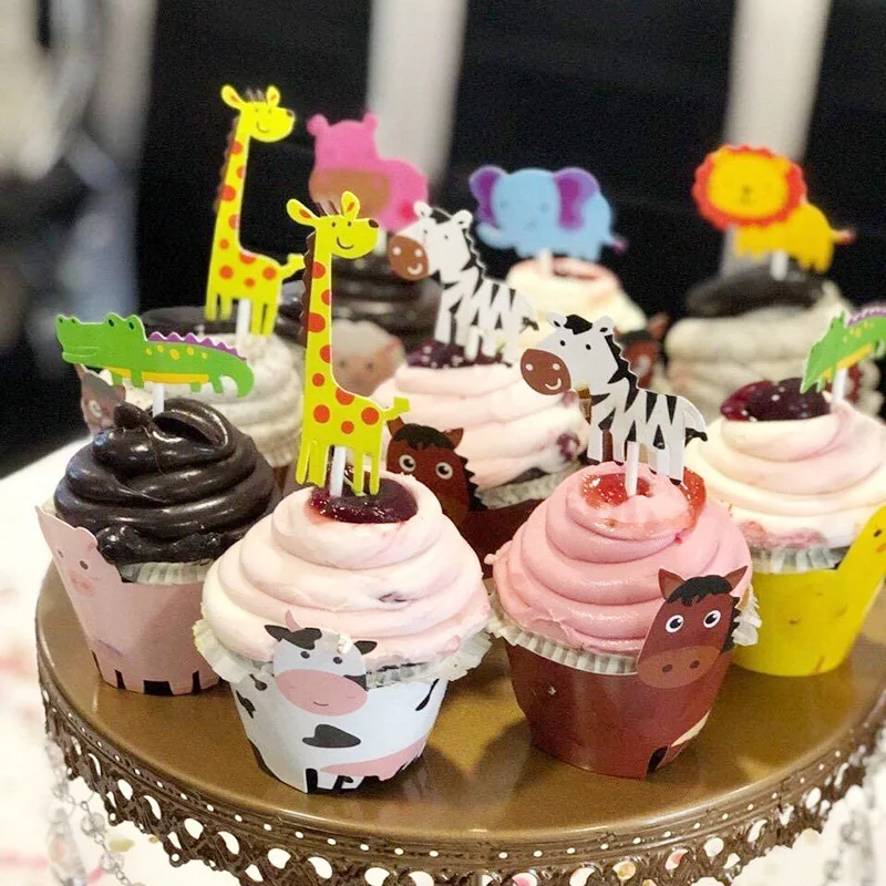 7-piece Set Giraffe Monkey Lion Elephant Cake Insert Card Animal Theme Baby Birthday Party Decoration