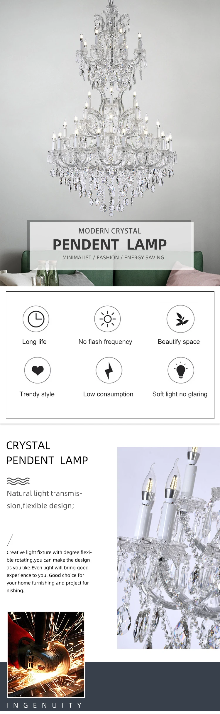 D87285 High Quality Restaurant Hotel Indoor Decoration Iron Crystal LED Chandelier Light supplier