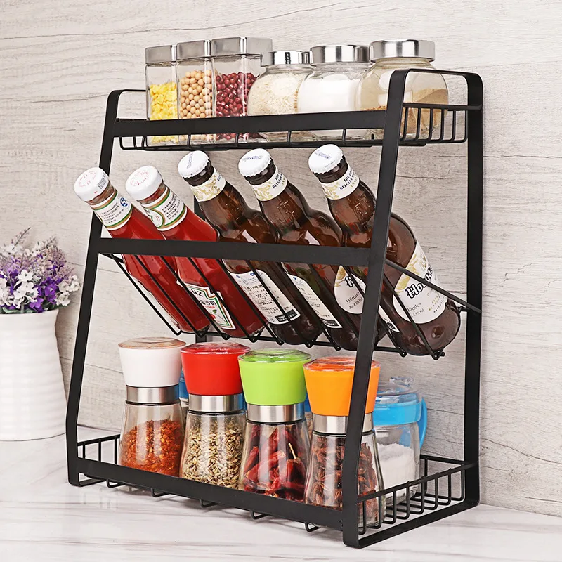 Home Kitchen 3 Layer Spices Organizer Racks Steel Storage Shelf Seasoning Storage Holders  Racks