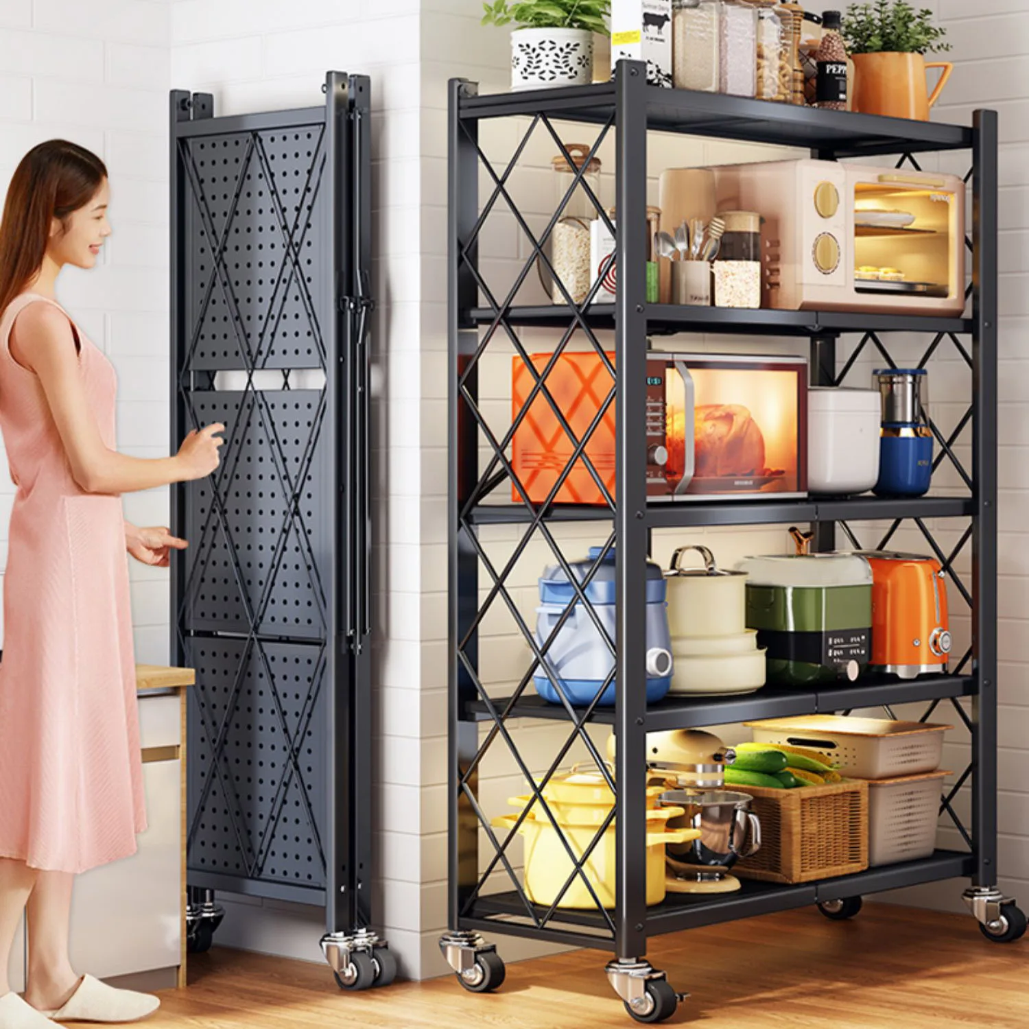 Household metal rack kitchen shelf foldable tableware shelves shelving units holders folding storage racks for kitchen