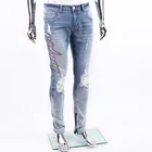 Denim Jeans Edge Denim Custom New Fashion Hole Ripped Paint Distressed Rhinestone Blue Denim Stretch Men Jeans