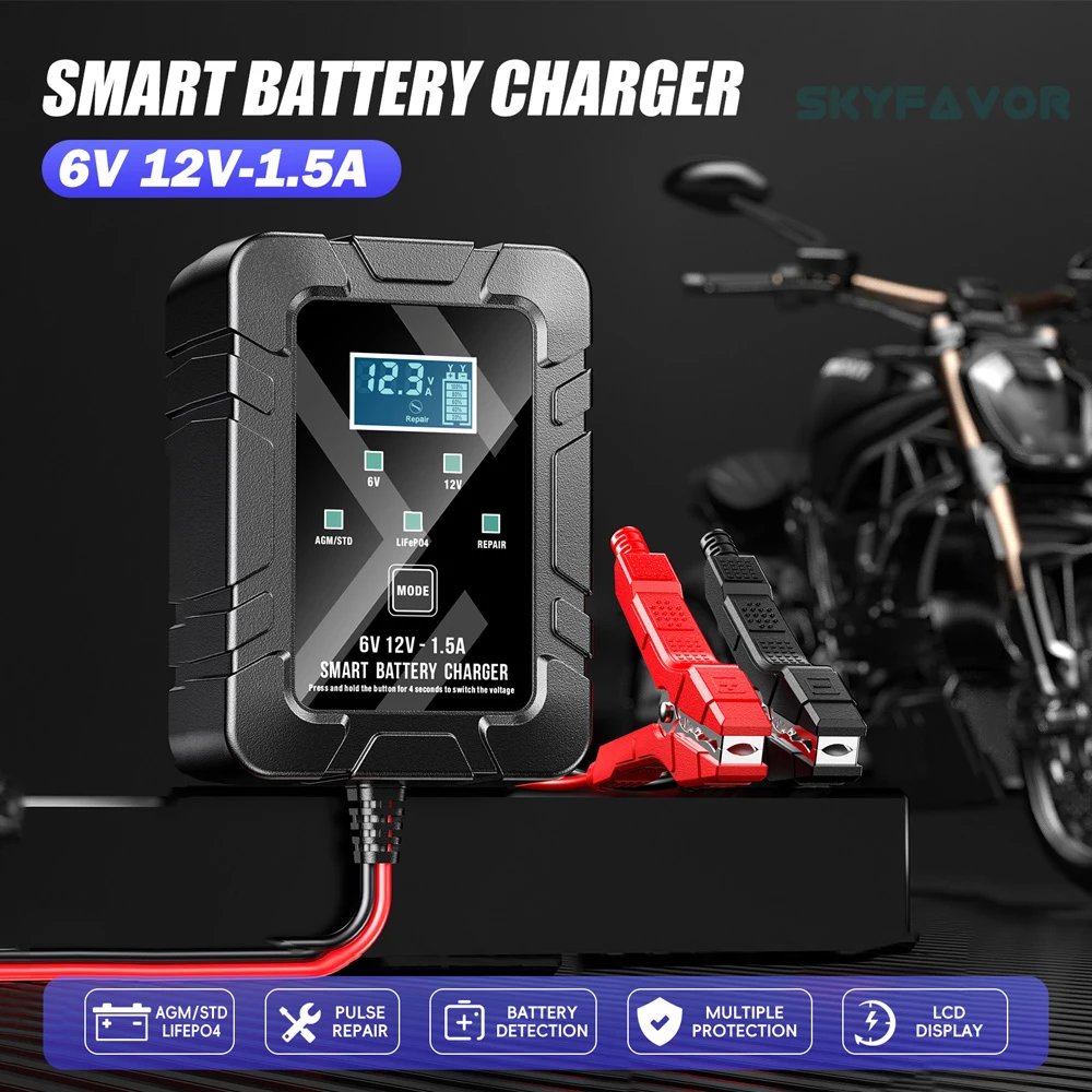 Universal smart 6V 12V battery charger 6V 12V 1.5A automatic lifepo4 lfp lead acid gel agm repair battery charger with SEA plug