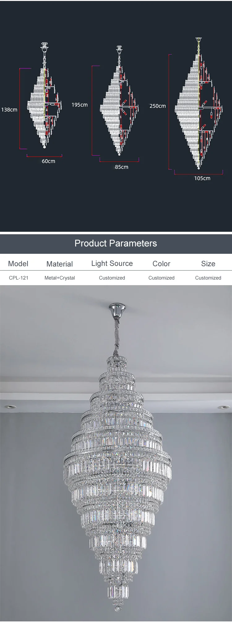 CPL-121 Modern Indoor Decoration Pendant Light Villa Hotel Lobby Custom Crystal Luxury Ceiling Chandelier supplier