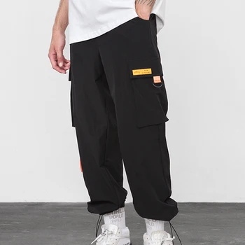 Men Nylon Cargo Joggers Trousers 6 Pocket Track Black Mens Custom Polyester Casual Canvas Pants