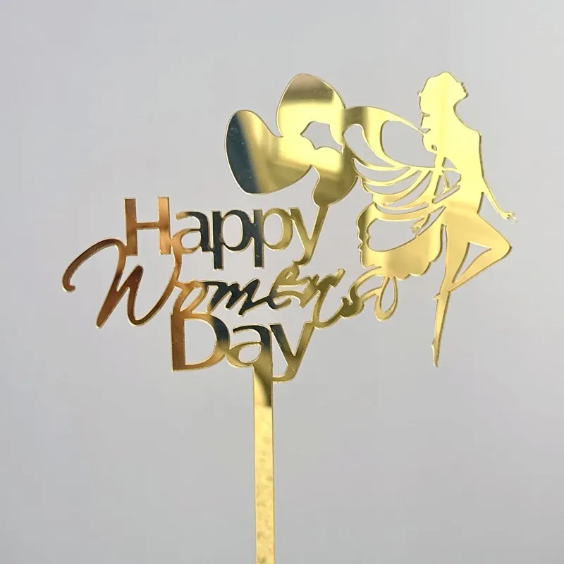 Hot selling happy women's day cake decoration gold acrylic cupcake topper for mother's day