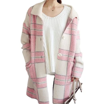 Ladies fashion korean style square printed pink lapel long cardigan single-breasted sweater