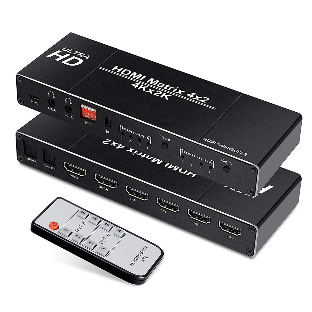 HDMI Matrix Switch Switcher Splitter 4x2 Optical+Stereo Audio Out+Remote Control