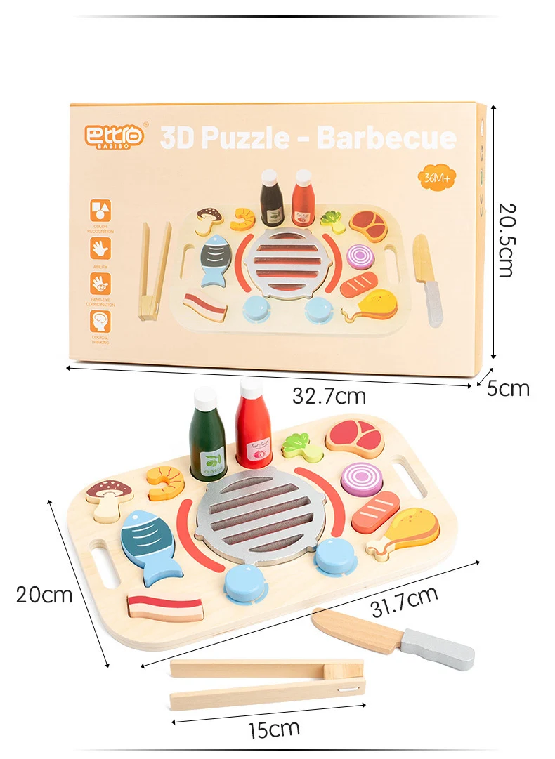 Nouveau jeu de simulation en bois 3D Puzzle nourriture thé cuisine Barbecue ensemble éducation des enfants Parent-enfant cuisine interactive bébé jouets fabrication