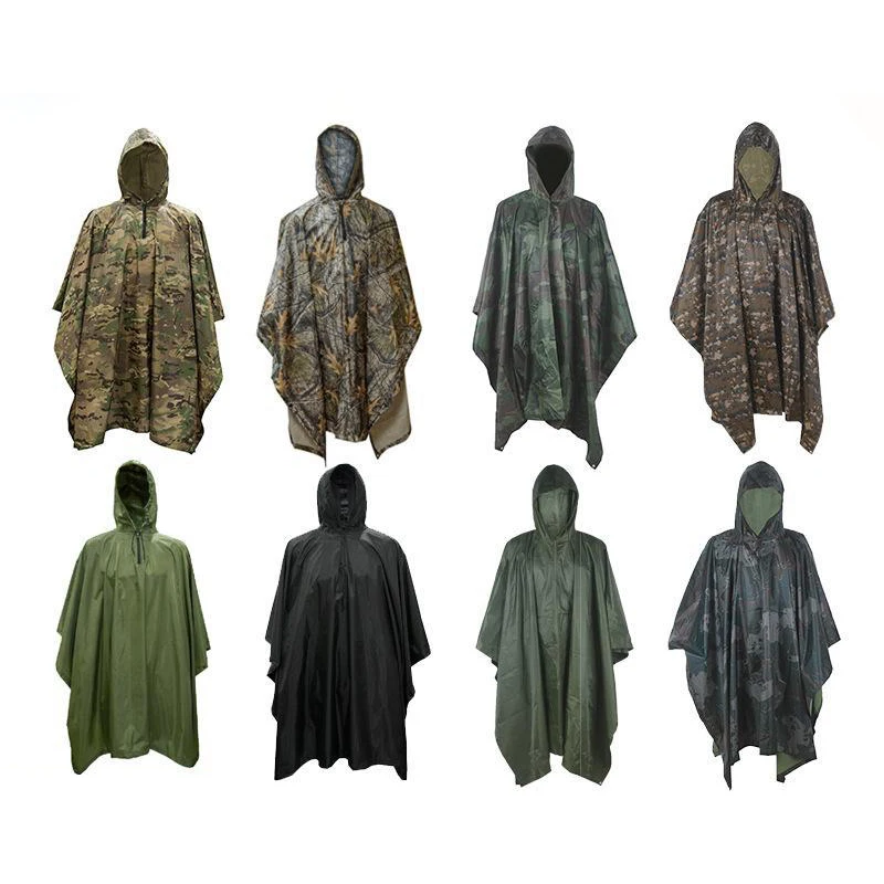 DD2087  PU Coating Outdoor Camping Emergency Raincoat Gear Survival Cloak Lightweight Camouflage Hiking Hooded Rain Poncho