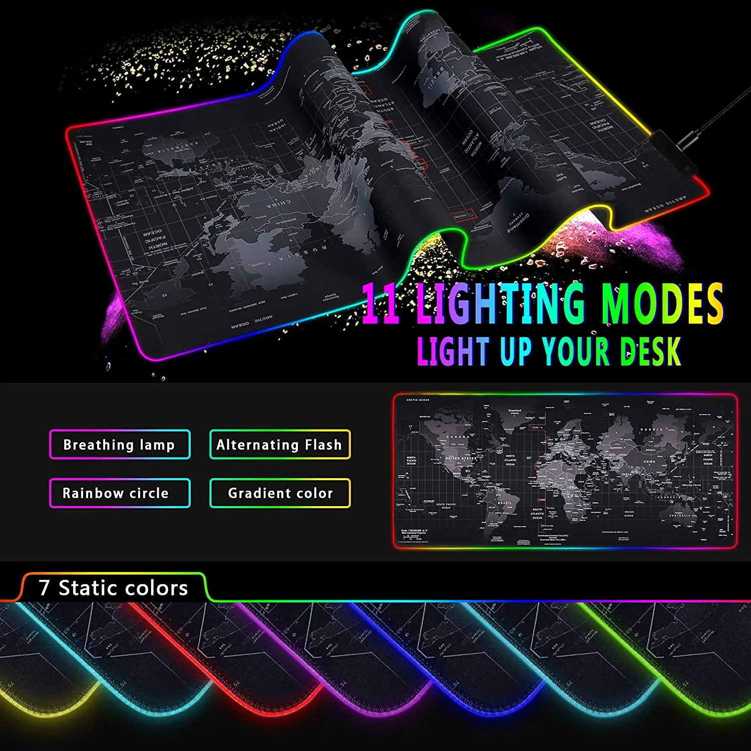 Durable XXL Fabric Surface Non Slip Extended Custom Design World Map LED RGB Gaming Mouse Pad