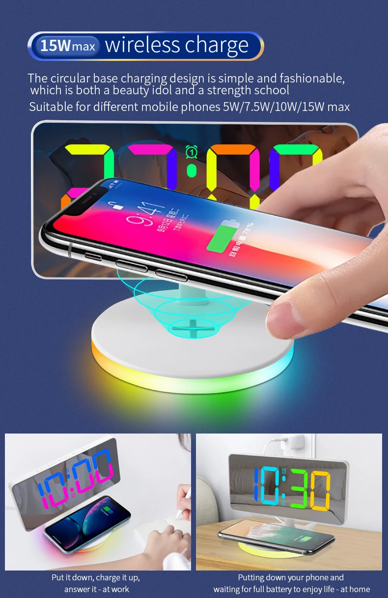 New Design LED Night Light Digital Alarm Clock 15W Fast Charging Station Wireless Charger with Alarm Clock