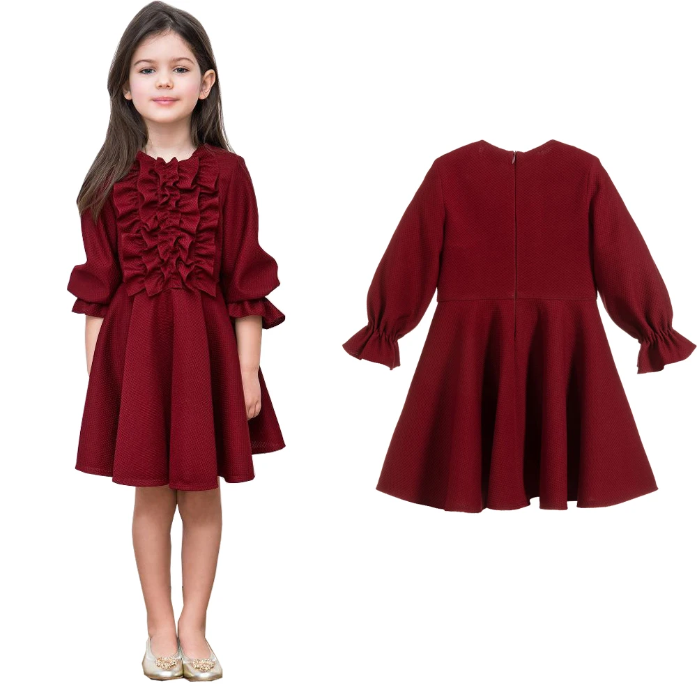 Fashion baby clothes red puff sleeves girl dress with bow baby girls princess party dress