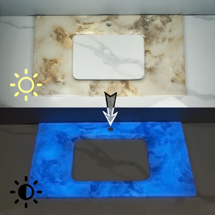 Tarpul Best Price Bathroom Countertop Marble Luminous Custom Size Pattern Desktop Artificial Stone Vanity Top manufacture