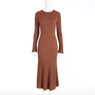 Long Sleeved Knitwear Manufacturers Custom Brown Round Necked Long Sleeved Ribbed Knitted Luxury Women's Sweater Dress
