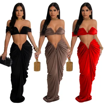 2024 Women Sexy Off Shoulder Strapless Crop Top 2 Pieces Skirt Set Ruched Bodycon Draping Long Skirts Outfit