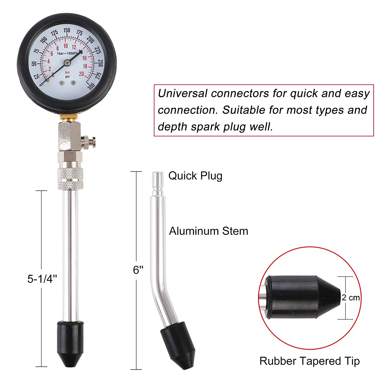 汽车摩托车气缸测试压力表工具压缩测试仪表套件，带适配器测试气体汽油发动机