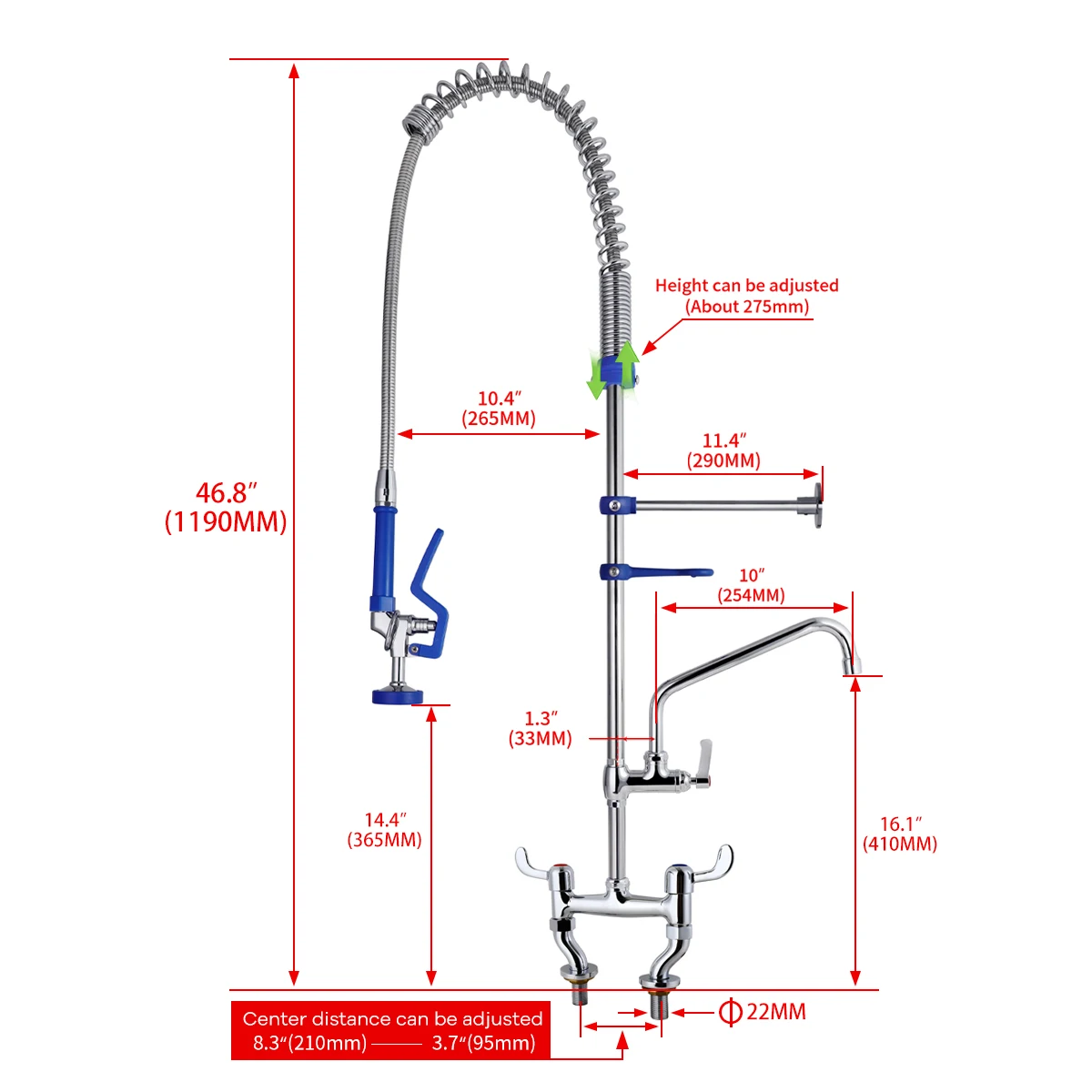 Commercial Kitchen 33\39\41\47" Height Brass Swing Spout Pre-Rinse with Sprayer 1/2/3 Compartment Sink Taps Deck Mountable details
