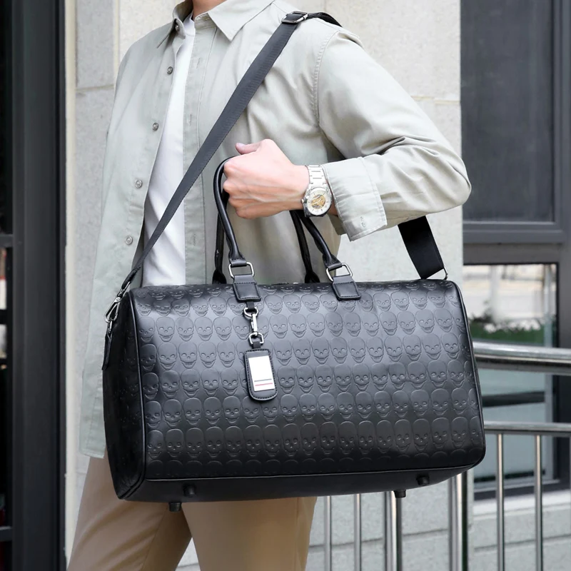 Large Capacity PU Leather Duffle Tote Bag Skull Embossed Print Custom Style Luxury Designer Shoulder Travel Bag Women Men Sport