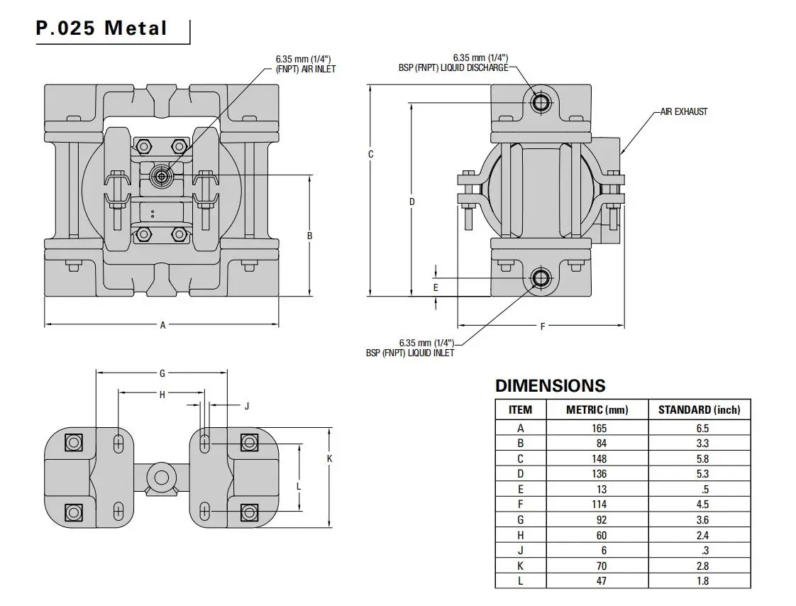 1/4'' hindi kinakalawang na asero pneumatic diaphragm pump P.025/SZPPP/TNL/TF/STV na may mga detalye ng PTFE wilden diaphragm pump