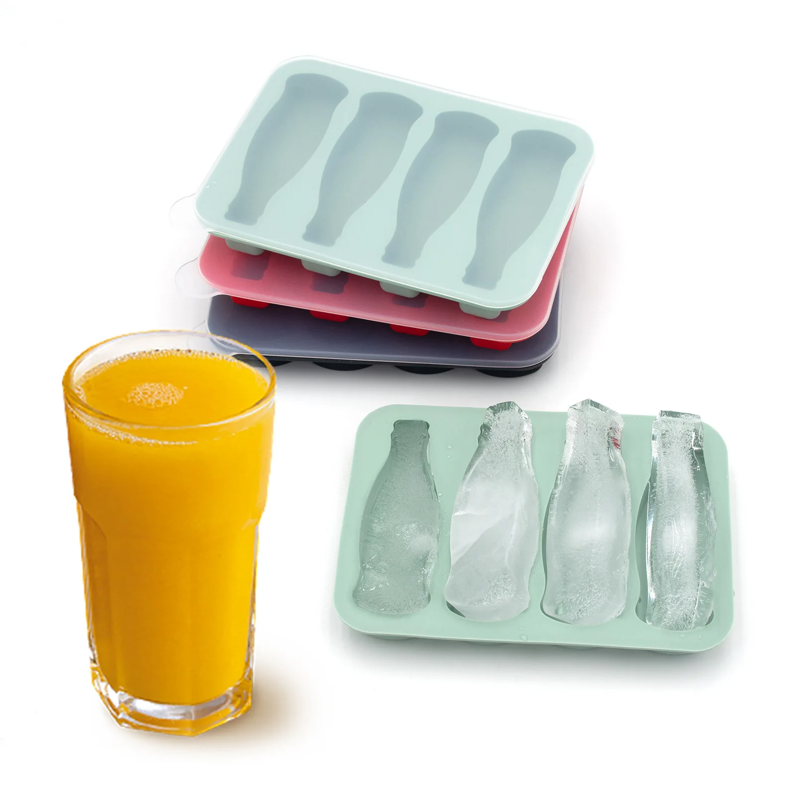 Reusable for Coke Bottle Shaped Silicone Ice Cube Mold 4 Grids DIY Ice Tray with Easy Demold Lid details