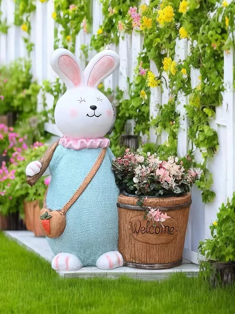 Cute Kindergarten Outdoor Rabbit Family Decor Plant Corner Creative Balcony Garden Decoration Animal Statue FlowerPot Sculptures