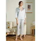 Pajama Elastic Silk Charmeuse Satin Long Sleeve Blouse Pant Pajama Set For Women