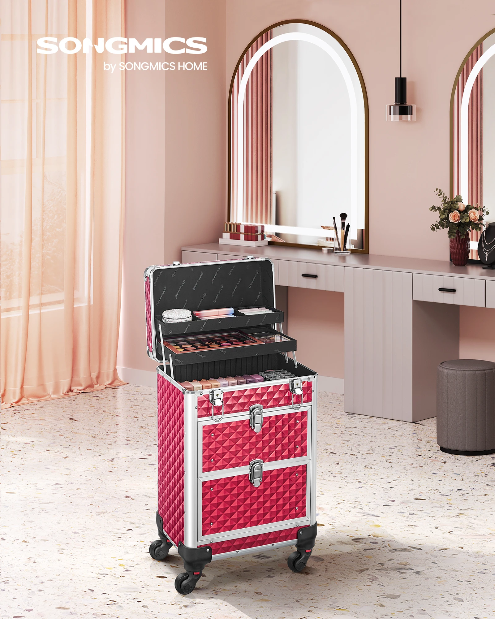 SOMGMICS Wholesale Aluminum Trolley Makeup Organizer 3 in 1 Cosmetic travel Case rolling makeup case