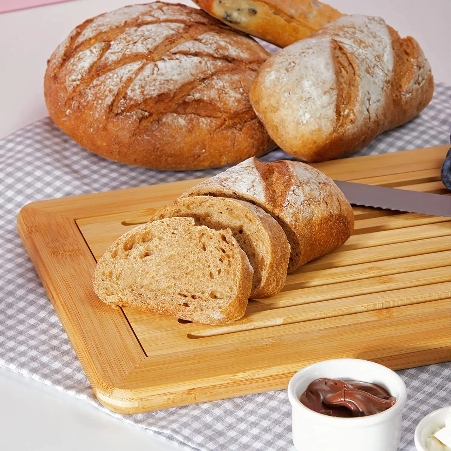 product large premium natural bamboo bread cutting board with crumb tray bread serving tray for kitchen-0