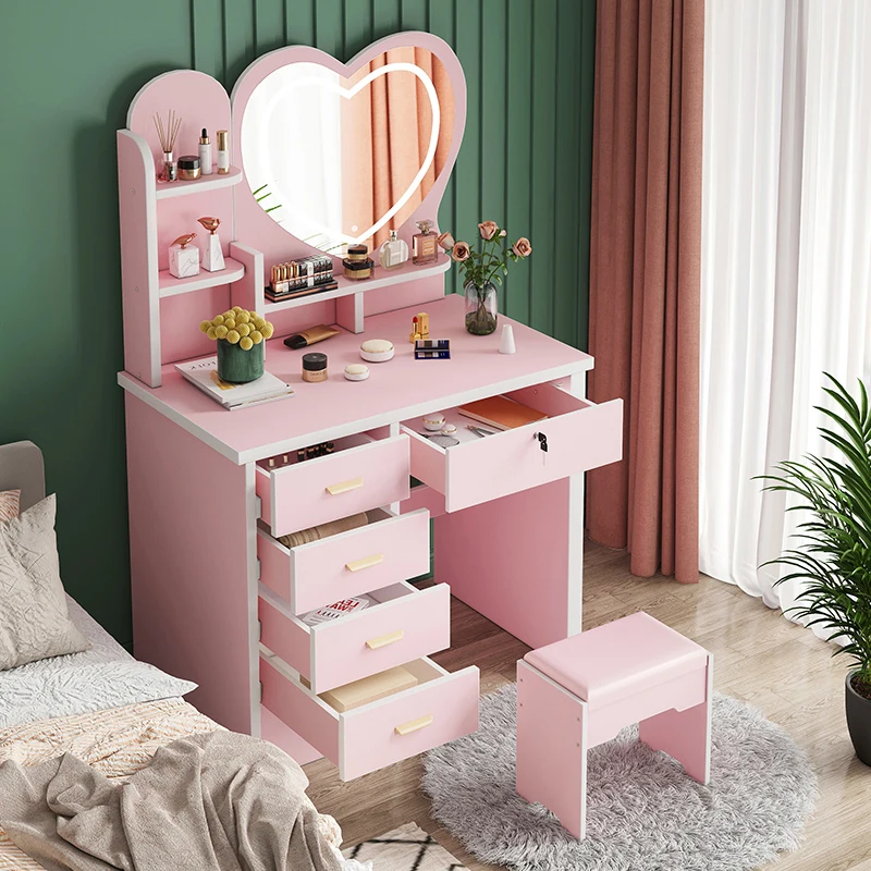 New design modern white wooden makeup vanity professional dressers dressing table with heart smart led light mirror and stool