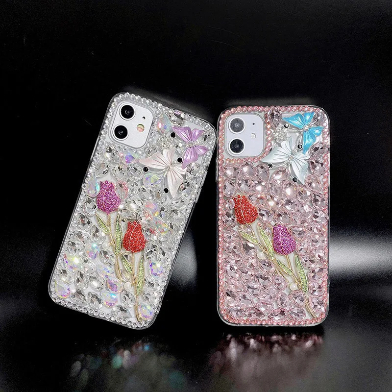 Luxury Cell Protective Cover Rhinestone Ins Style Rose Flower Mobile Phone Case for iPhone 15 14 Samsung S24 S23 A34 A54