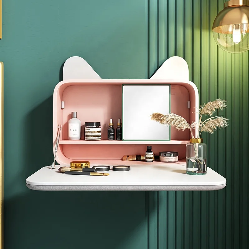Modern Bedroom Furniture Pink Fabric Wall Mounted Movable Mirror Vanity Dresser Girls Dressing Table