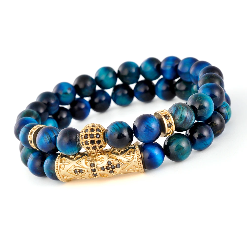 F249 Tiger Eye Bracelet 2 Pcs/set Fashion Classic Lake Blue Gem Stone Beads 8mm Natural Beaded Zircon Couple Jewelry Sets
