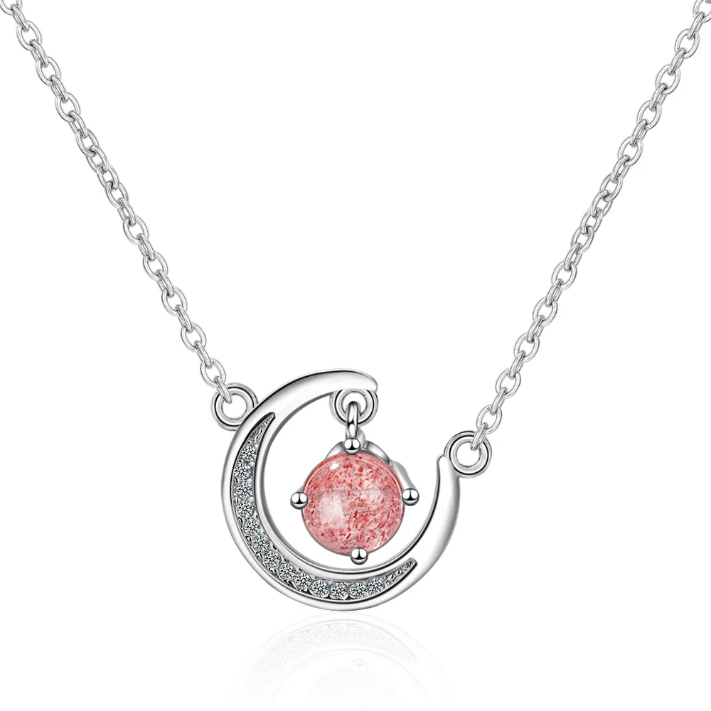 Pink Crystal Fresh Moon Short Clavicle Chain Strawberry Necklace